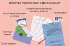 Image of what you need to open a bank account, including a social security card, cash deposit, forms filled out and ID.